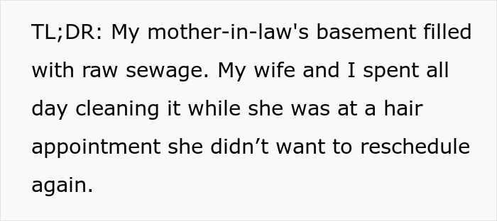 Text post explaining a sewage disaster in a basement with a mother-in-law skipping cleanup for a salon appointment. Text post explaining a sewage disaster in a basement with a mother-in-law skipping cleanup for a salon appointment.