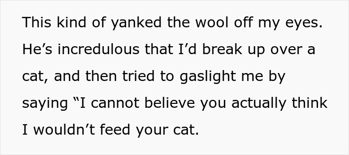 Text excerpt about a guy fussing over a cat gift and a girlfriend ending the relationship over it. Text excerpt about a guy fussing over a cat gift and a girlfriend ending the relationship over it.