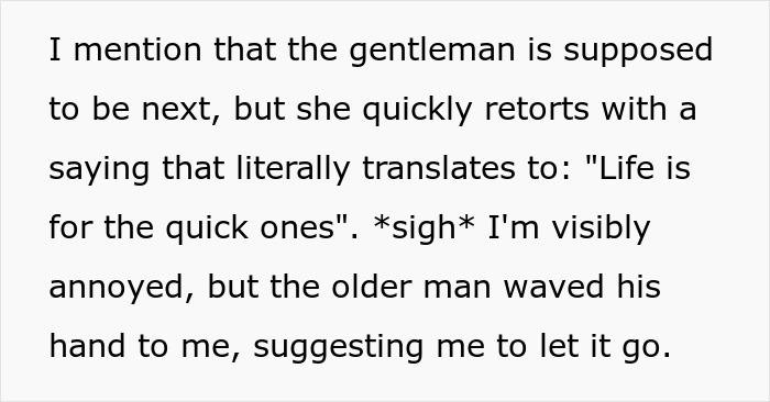 Alt text: Woman cuts in front of elderly man at grocery store, cashier responds by using her own words to deliver karma.