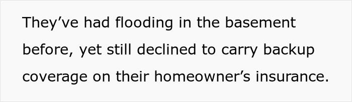 Text excerpt discussing previous basement flooding and lack of backup coverage on homeowner's insurance after sewage disaster. Text excerpt discussing previous basement flooding and lack of backup coverage on homeowner's insurance after sewage disaster.