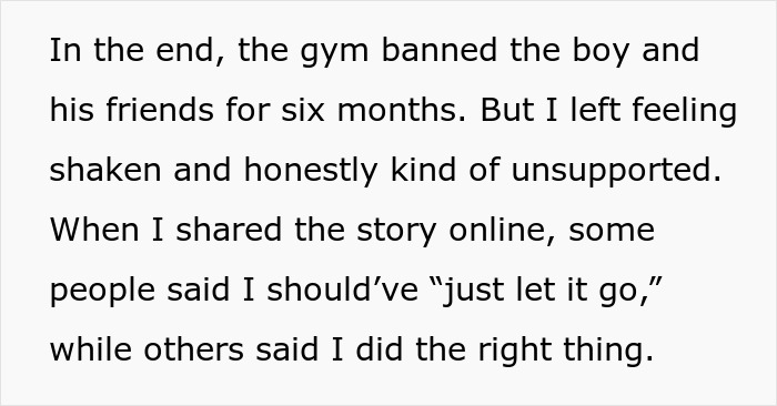 Text excerpt showing a gym banning a boy and his friends for six months after a photo incident involving a teen's phone. Text excerpt showing a gym banning a boy and his friends for six months after a photo incident involving a teen's phone.