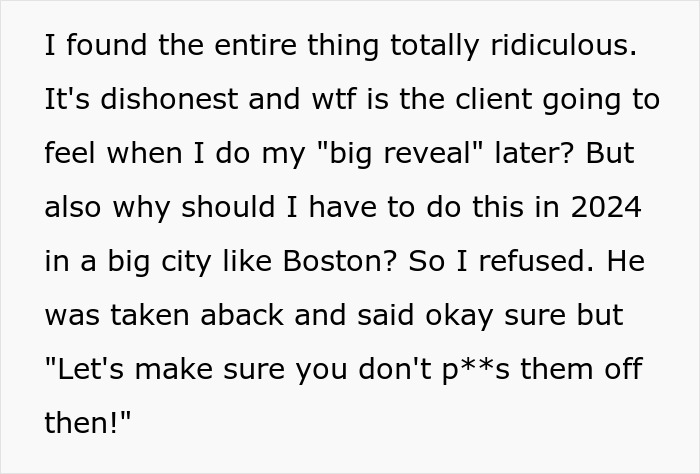 Text excerpt showing an Indian guy refusing to change his name for a US client, with a friend warning about career risks.