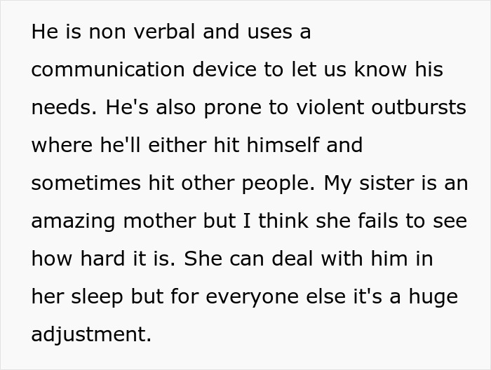 Alt text: Explanation of challenges faced by a woman refusing to babysit her autistic nephew due to violent outbursts and safety concerns. Alt text: Explanation of challenges faced by a woman refusing to babysit her autistic nephew due to violent outbursts and safety concerns.
