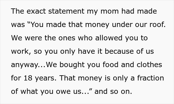 Text excerpt showing a mother claiming her child owes her part of their savings due to support over 18 years. Text excerpt showing a mother claiming her child owes her part of their savings due to support over 18 years.