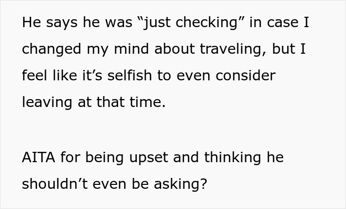 Text excerpt discussing a man asking his wife for permission to travel alone after her scheduled C-section. Text excerpt discussing a man asking his wife for permission to travel alone after her scheduled C-section.