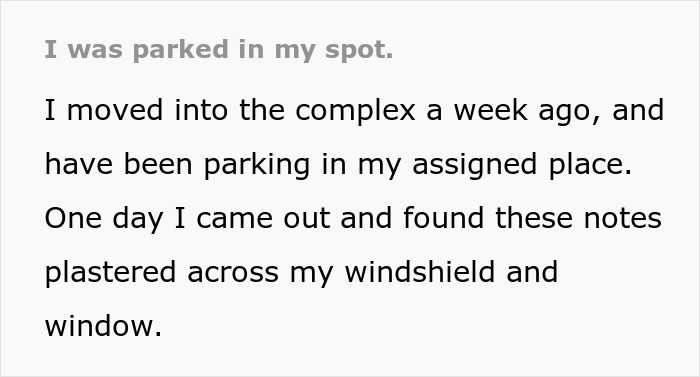 Woman describes dodgy neighbor’s anonymous notes trying to trick her into giving up her assigned parking spot.