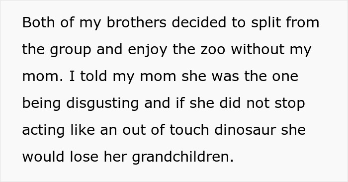 Text excerpt showing a woman called disgusting for reacting to son carrying pads for daughters and being called a dinosaur.