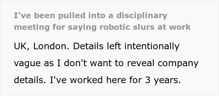 Worker disciplined in a meeting for using slurs related to ChatGPT in a UK workplace setting. Worker disciplined in a meeting for using slurs related to ChatGPT in a UK workplace setting.