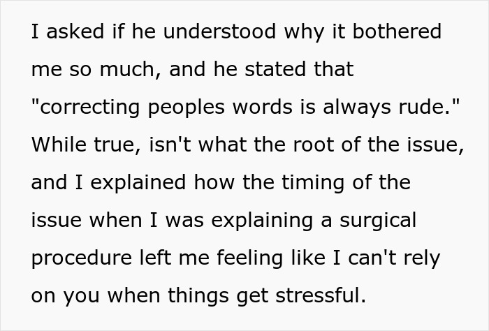 Text excerpt discussing a hubby mocking wife over mispronunciation while she shares surgery details, causing distress. Text excerpt discussing a hubby mocking wife over mispronunciation while she shares surgery details, causing distress.