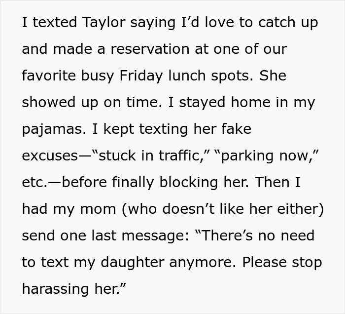 Text describing a person giving their ex-best friend a taste of her own medicine after betrayal by sending fake excuses and blocking her. Text describing a person giving their ex-best friend a taste of her own medicine after betrayal by sending fake excuses and blocking her.