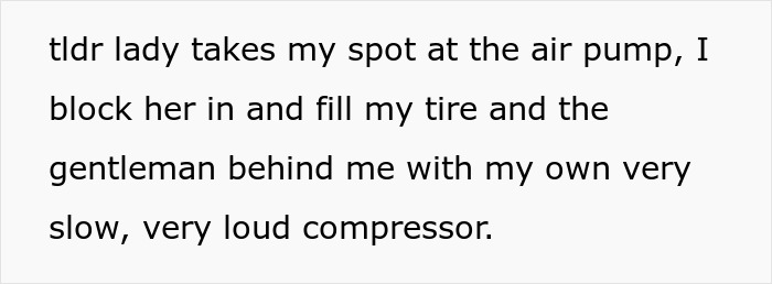 Text describing a lady in a brand new Lexus skipping the air pump line and getting trapped between curbs as petty justice unfolds.