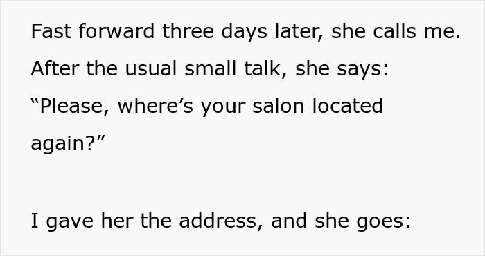 Text excerpt discussing a phone call about the location of a salon related to free salon service marriage.