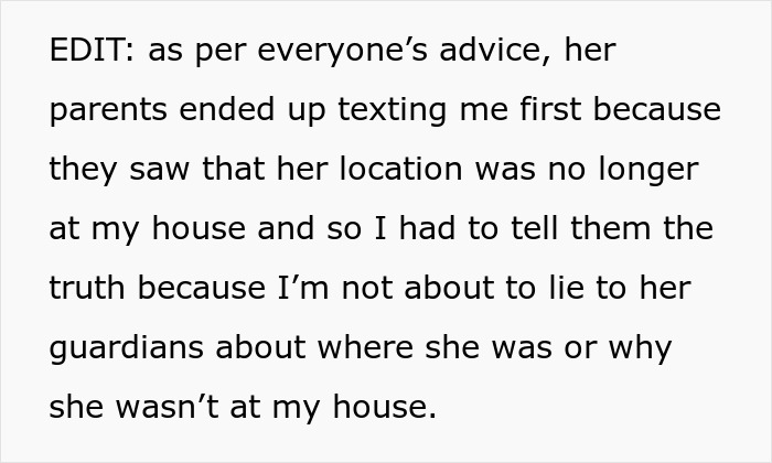 Text showing an edit explaining how a teen’s parents texted after noticing her location was no longer at a best friend’s house. Text showing an edit explaining how a teen’s parents texted after noticing her location was no longer at a best friend’s house.