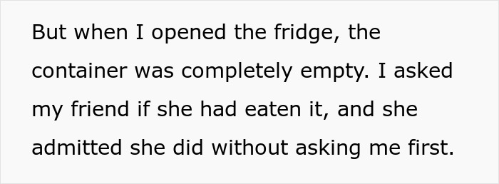 Text describing a woman’s leftover pasta theft that leads her to purchase a mini fridge after a friend eats it without asking.