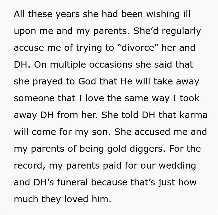 Alt text: Text describing a woman shocked by her mother-in-law’s hatred after losing her husband, highlighting family conflicts. Alt text: Text describing a woman shocked by her mother-in-law’s hatred after losing her husband, highlighting family conflicts.