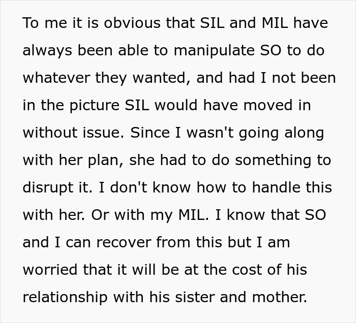 Text excerpt discussing how a lady tries to frame sister-in-law and turn brother against his wife, shocking the couple.