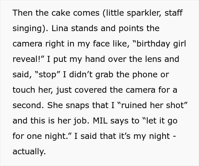 Self-proclaimed influencer blocks filming by SIL at birthday dinner, causing a confrontation over camera use. Self-proclaimed influencer blocks filming by SIL at birthday dinner, causing a confrontation over camera use.
