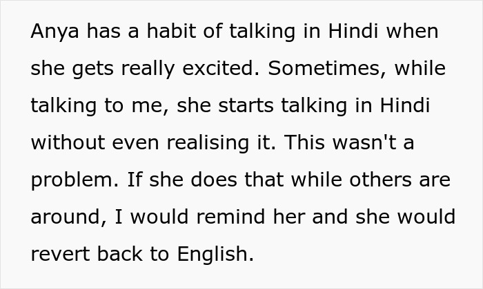 Text describing a child speaking in a native language her stepdad cannot understand, highlighting a punishing suggestion. Text describing a child speaking in a native language her stepdad cannot understand, highlighting a punishing suggestion.