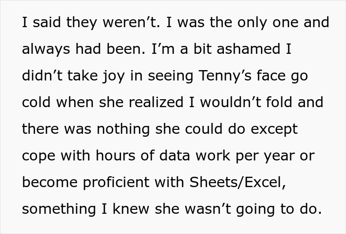 Text excerpt describing a woman reflecting on her colleague who stole her job and the resulting work challenges. Text excerpt describing a woman reflecting on her colleague who stole her job and the resulting work challenges.