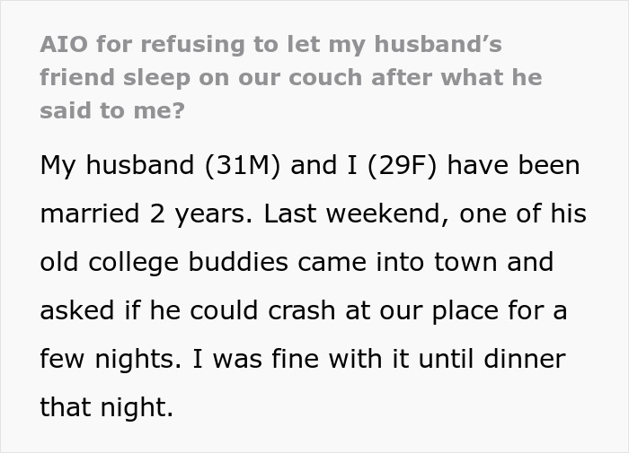Text excerpt from a Reddit post about a friend’s compliment causing tension as wife insists husband find a hotel, husband disagrees. Text excerpt from a Reddit post about a friend’s compliment causing tension as wife insists husband find a hotel, husband disagrees.