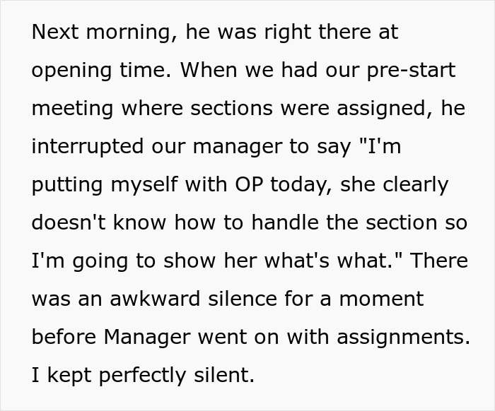 Text excerpt showing a workplace conflict where a manager calls a woman useless at work and plans to intervene. Text excerpt showing a workplace conflict where a manager calls a woman useless at work and plans to intervene.