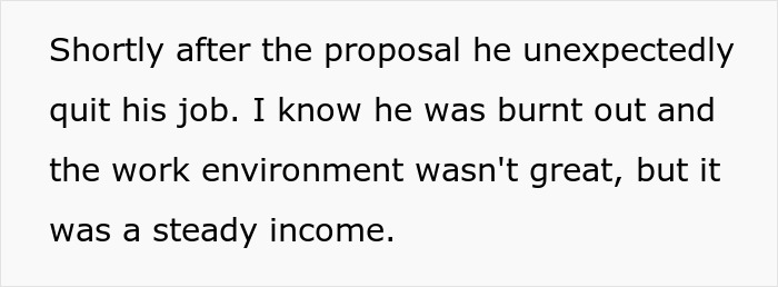 Text excerpt about woman feeling financially trapped as jobless fiancé relies on her income to build a business. Text excerpt about woman feeling financially trapped as jobless fiancé relies on her income to build a business.