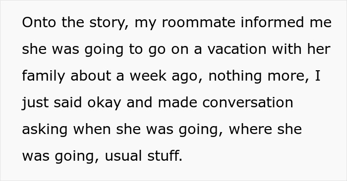 Text excerpt discussing a roommate planning a family vacation and cat litter box duties dispute.