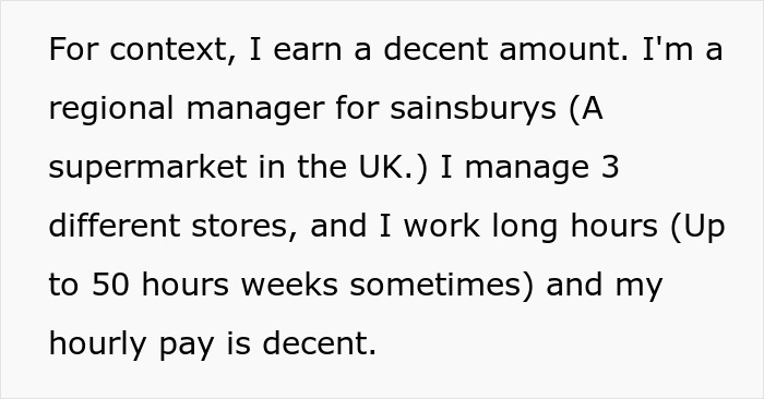Text excerpt from a man explaining his decent earnings and hardworking job as a regional manager despite heartbreak in proposal.