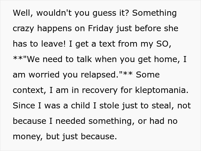 Text on a white background describing a conversation about relapse and recovery for kleptomania, shocking the couple’s dynamics.