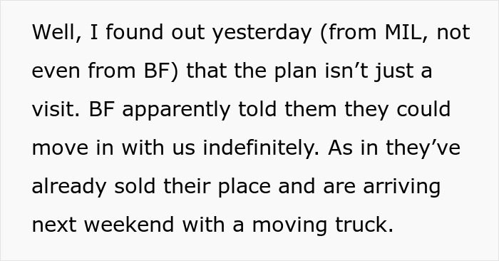 Text excerpt about a man secretly inviting his parents to stay with him and his girlfriend, causing tension at home. Text excerpt about a man secretly inviting his parents to stay with him and his girlfriend, causing tension at home.