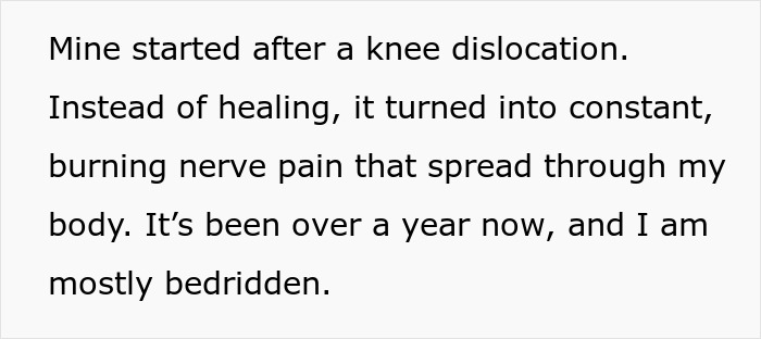 Chronic pain after knee dislocation dismissed by doctors until believed due to husband's validation. Chronic pain after knee dislocation dismissed by doctors until believed due to husband's validation.