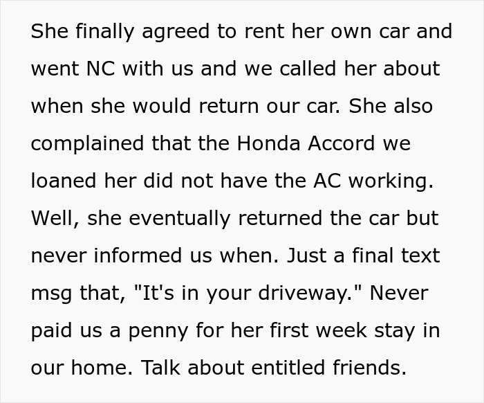 Text excerpt describing a couple’s regret after hosting an old friend with wild requests, illustrating entitled behavior. Text excerpt describing a couple’s regret after hosting an old friend with wild requests, illustrating entitled behavior.