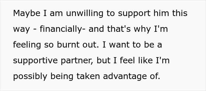 Woman feels financially trapped and burnt out as jobless fiancé depends on her while trying to build a business. Woman feels financially trapped and burnt out as jobless fiancé depends on her while trying to build a business.