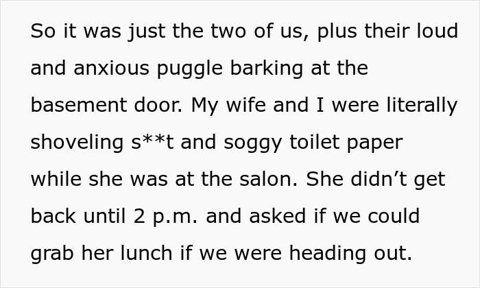 Couple shoveling sewage disaster at home while mother-in-law skips mess for salon appointment. Couple shoveling sewage disaster at home while mother-in-law skips mess for salon appointment.
