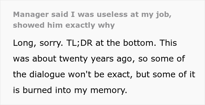 Text excerpt showing a manager calling a woman useless at work and her response twenty years later. Text excerpt showing a manager calling a woman useless at work and her response twenty years later.
