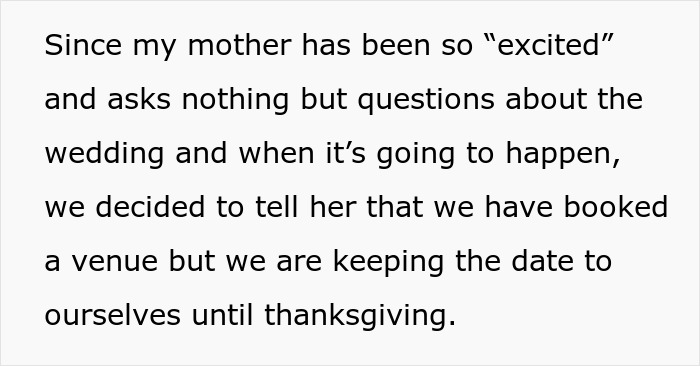 Bride cuts mom off from key wedding plans after turning proposal into a mass family update, causing tension and secrecy. Bride cuts mom off from key wedding plans after turning proposal into a mass family update, causing tension and secrecy.