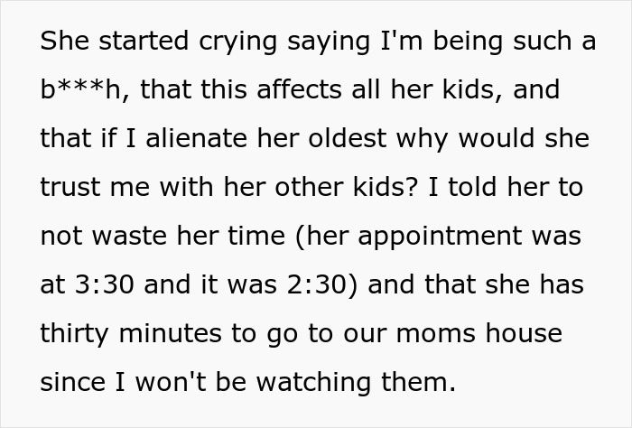 Text excerpt showing a woman refusing to babysit her autistic nephew after he injures her daughter and spits on her. Text excerpt showing a woman refusing to babysit her autistic nephew after he injures her daughter and spits on her.