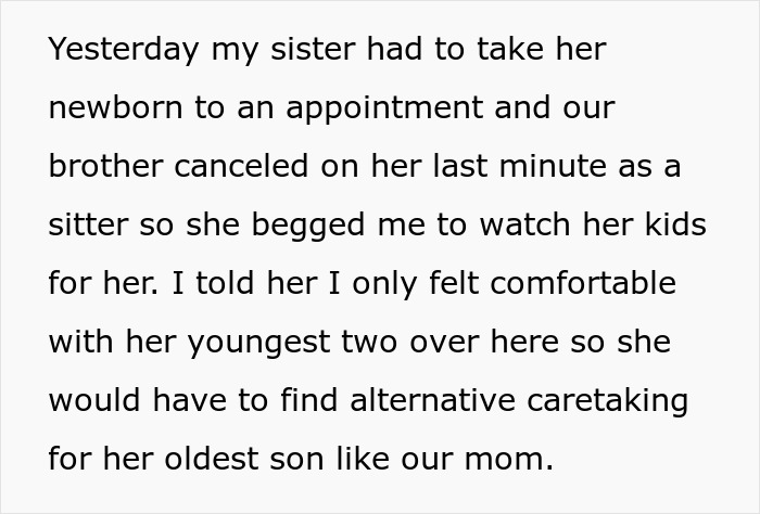 Text excerpt from a story about a woman refusing to babysit her autistic nephew after he injures her daughter. Text excerpt from a story about a woman refusing to babysit her autistic nephew after he injures her daughter.