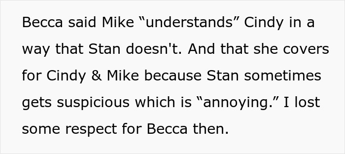 Text excerpt discussing Becca's view on Mike understanding Cindy, covering for them, and Stan's suspicions causing tension in the relationship. Text excerpt discussing Becca's view on Mike understanding Cindy, covering for them, and Stan's suspicions causing tension in the relationship.