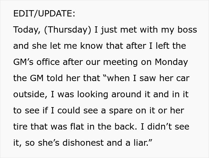Text excerpt showing a GM checking for a flat tire after an employee missed work, revealing the truth about the situation.