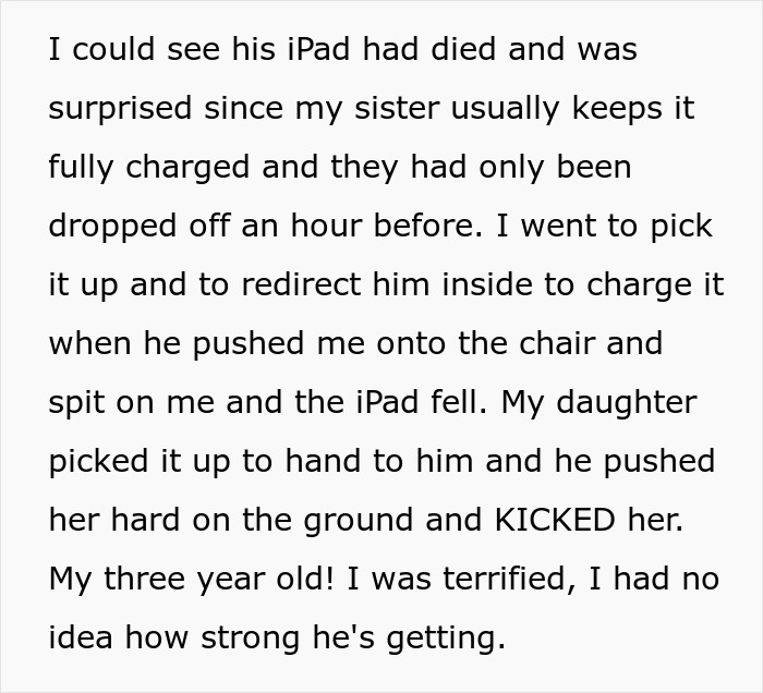 Text excerpt describing a woman’s struggle babysitting her autistic nephew who injures and spits on her daughter. Text excerpt describing a woman’s struggle babysitting her autistic nephew who injures and spits on her daughter.