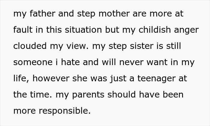 Text excerpt about a woman’s strained relationship with her stepsister and family, reflecting on anger and responsibility. Text excerpt about a woman’s strained relationship with her stepsister and family, reflecting on anger and responsibility.