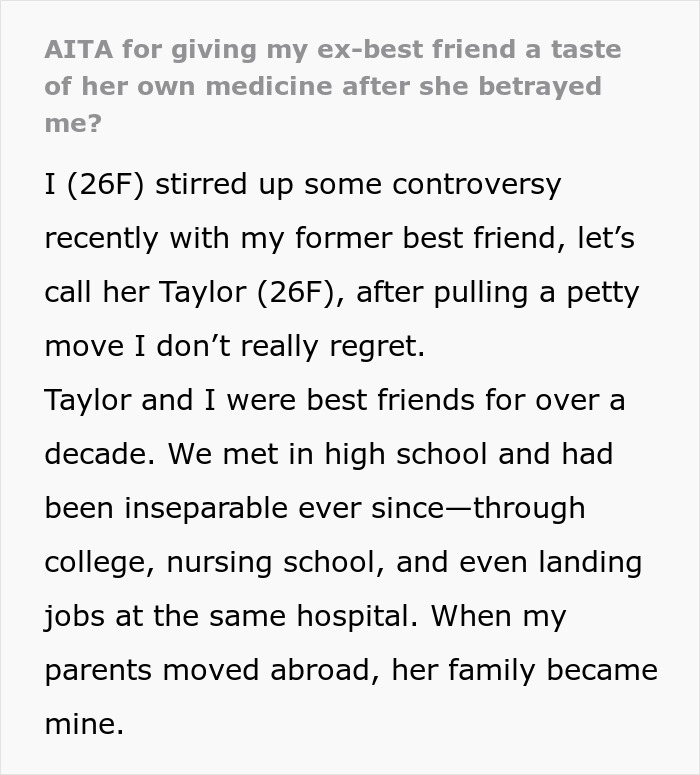 Text excerpt about a woman reflecting on giving her ex-best friend a taste of her own medicine after betrayal. Text excerpt about a woman reflecting on giving her ex-best friend a taste of her own medicine after betrayal.