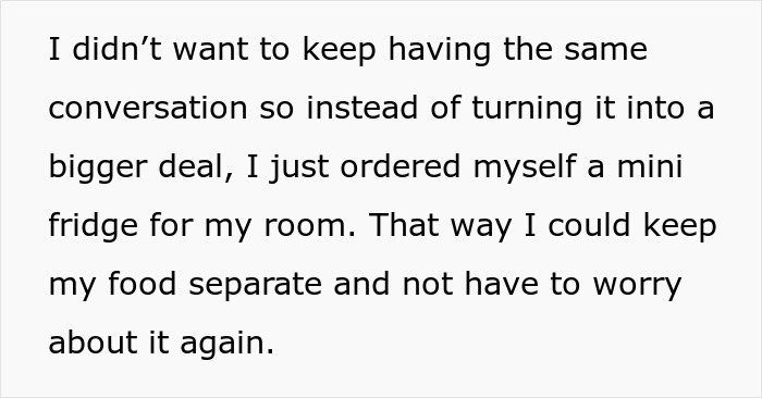 Text excerpt about ordering a mini fridge to prevent leftover pasta theft and keep food separate for peace of mind.