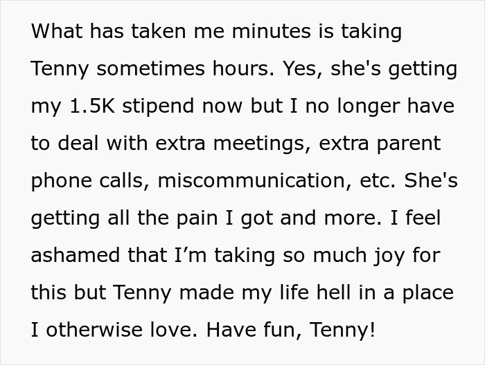 Text excerpt showing a woman reflecting on the comeuppance of a colleague who stole her job, causing hardship. Text excerpt showing a woman reflecting on the comeuppance of a colleague who stole her job, causing hardship.