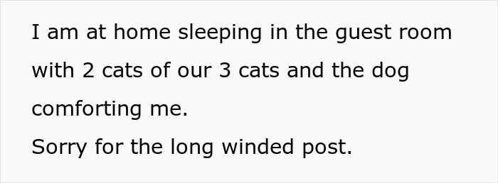 Text displaying someone explaining they are at home resting with pets while apologizing for a long-winded post about surgery details. Text displaying someone explaining they are at home resting with pets while apologizing for a long-winded post about surgery details.