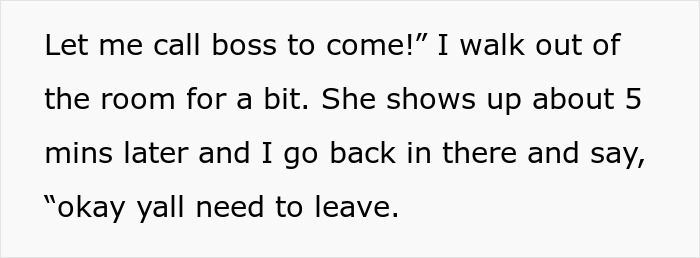 Text showing a grandkid losing patience with villainous vacuum cleaner salespeople and telling them to leave immediately.