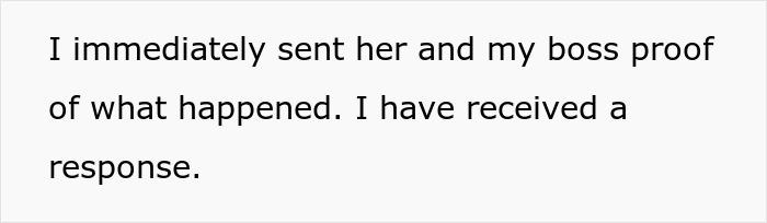 Text on screen showing a message about sending proof and receiving a response regarding an employee missing work due to flat tire.