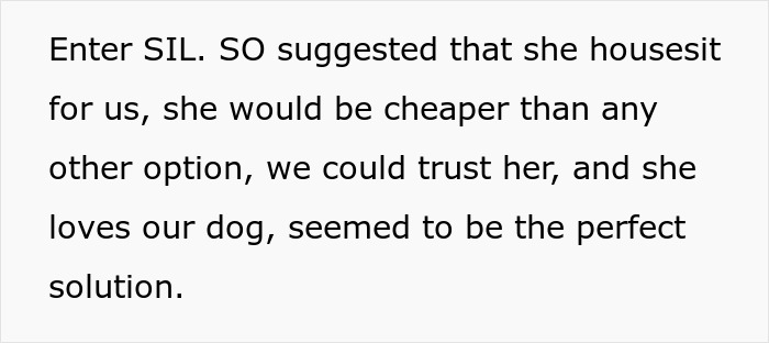 Screenshot of text discussing SIL suggesting house-sitting as a trusted, affordable solution and loving the couple's dog.