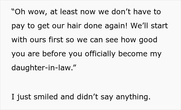 Woman happily talking about free salon service marriage benefits while smiling and appreciating a hairstylist’s skills.